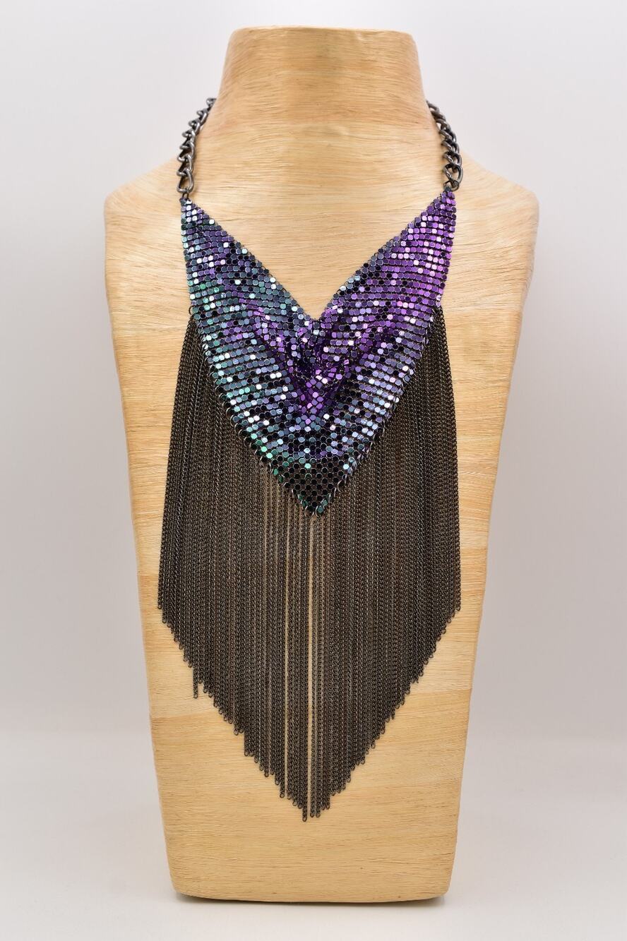 Vintage Purple Iridescent Mesh Fringe Bib Necklace Gunmetal Chainmail 70s BinBC
